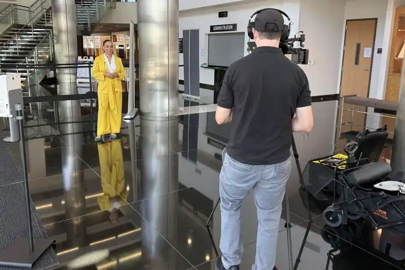 President king talking in front of a camera during the Campus Built Together Campaign