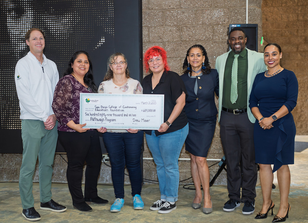 A check for $689,000 was presented to the San Diego College of Continuing Education Foundation for the Pathways Program by the Lucky Duck Foundation