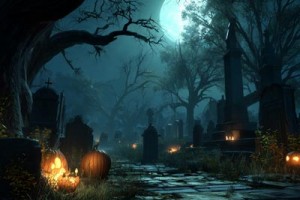 pumpkins, graveyard, full moon