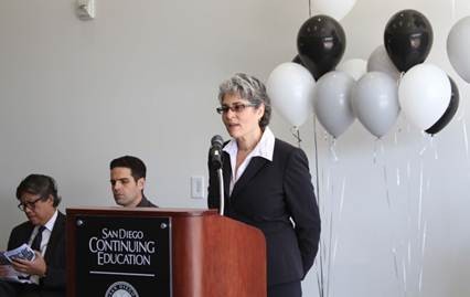 Michelle Fischthal speaks at the grand opening of SDCE’s North City Campus in San Diego