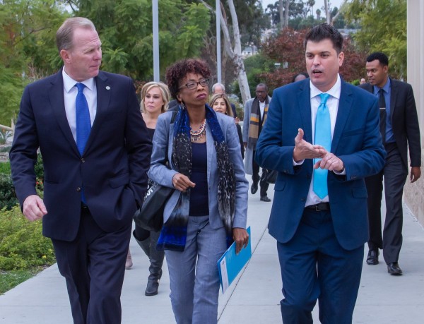 San Diego Continuing Education President Carlos O. Turner Cortez, Ph.D. hosts a campus visit with Mayor Faulconer and Councilmember Montgomery to explain food insecurity programs at SDCE.