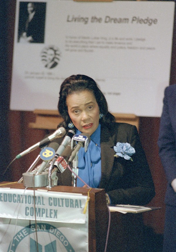 Coretta Scott King visits the Educational Cultural Complex Theater in 1983. In the early 1980s, the ECC Theater was a focal point for community efforts to establish Dr. Martin Luther King, Jr. Day as a federal holiday.