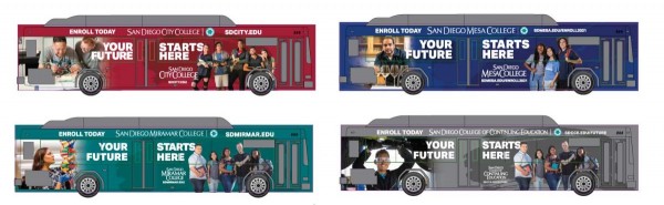 Bus wraps will be used along with other out-of-home and digital ads to promote enrollment at the San Diego Community College District’s four colleges. The district is welcoming more students back to campus this semester after having to move most classes online during the COVID-19 pandemic.