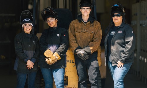Students study to become certified welders at the San Diego College of Continuing Education. From left to right: Jasmin Hernandez, Jocelyn Uribe, Liam Mcgeath, and Andrea Jarvis.